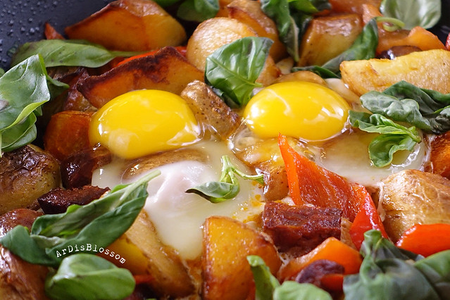 Spanish inspired pan fried potato, chorizo, tomato and basil