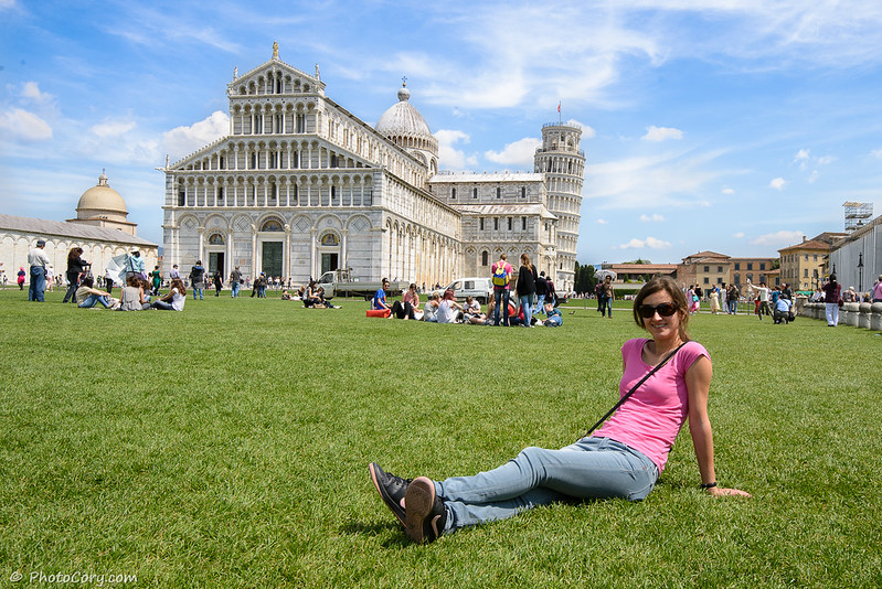 On the grass at Pisa Tower and Cathedral