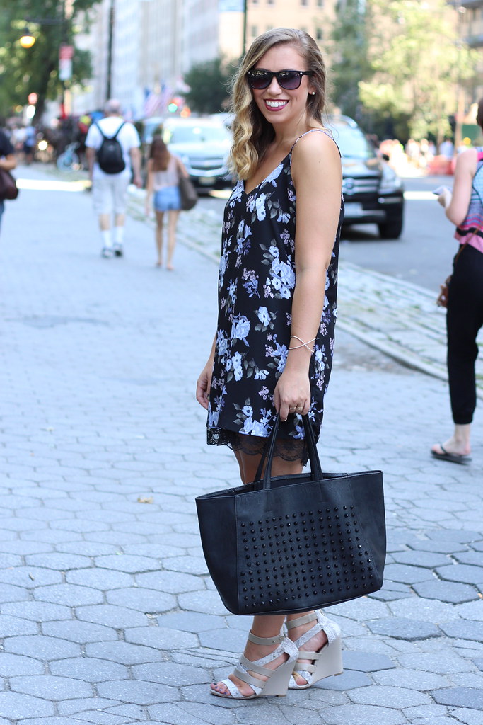Fall Floral Slip Dress | Aeropostale Studded Tote | #NYFW | Outfit | #LivingAfterMidnite