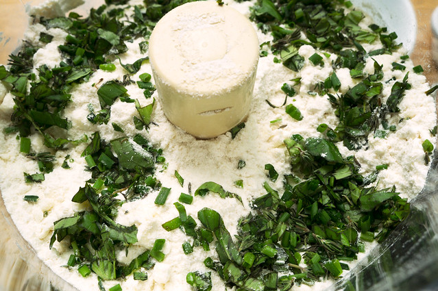 flour and herbs in food processor