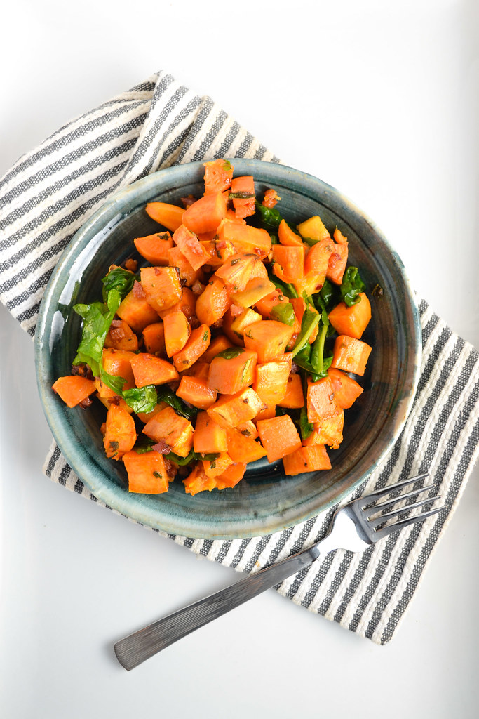 warm brown butter sweet potato, pancetta, and arugula salad | things i made today