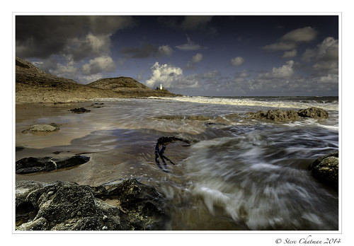 uk sea sky lighthouse beach water swansea wales clouds canon rocks waves swirls mumbles 2014 stevechatman