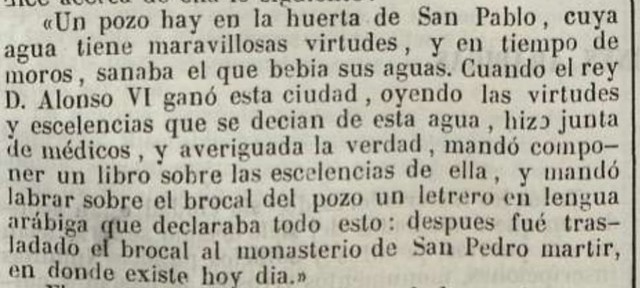 Cita del texto de Fray Román de la Higuera en el que cita el brocal de la mezquita aljama en el Semanario Pintoresco Español del 14 de mayo de 1848