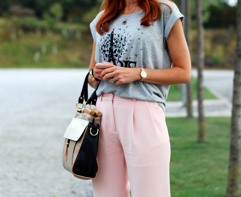 Pink wide leg trousers, grey marl t-shirt | over 40 fashion