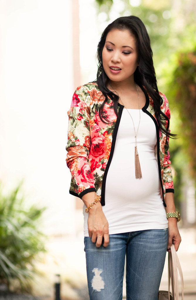 cute & little blog | petite fashion | oasap floral cropped jacket, ag maternity distressed jeans, shoemint gold black sandals | maternity bump pregnant style | 21 weeks
