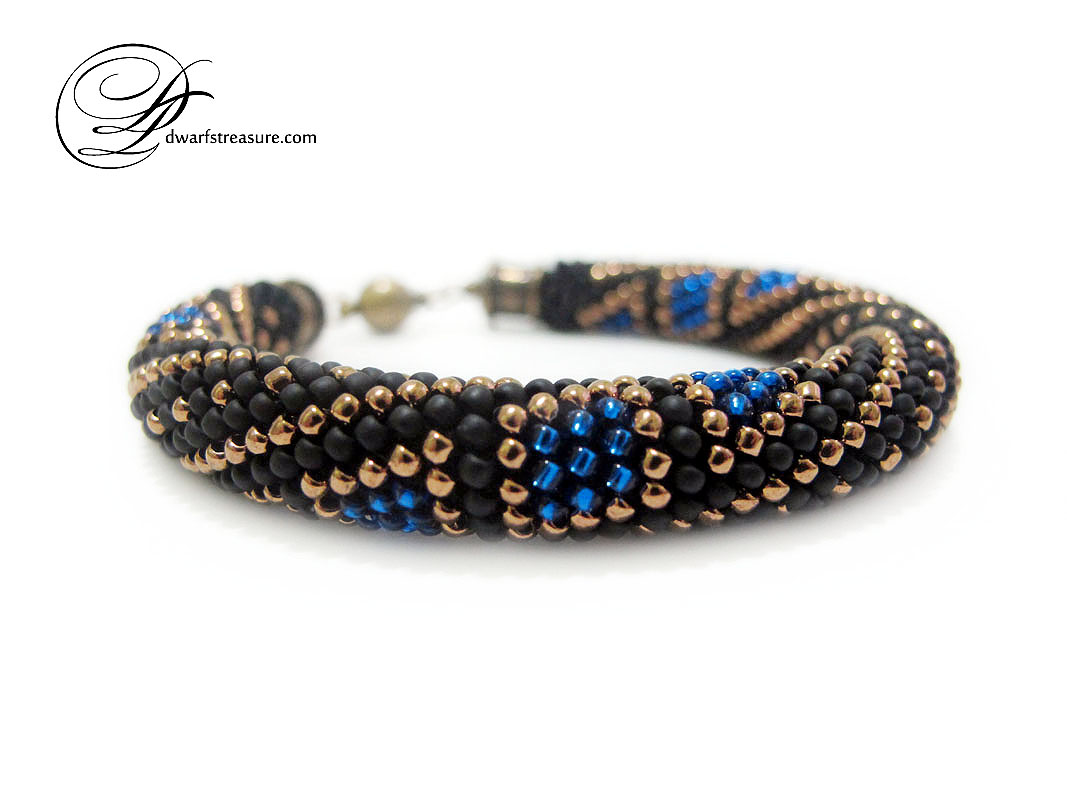 Fashion chic black bead bangle bracelet with blue geometric pattern