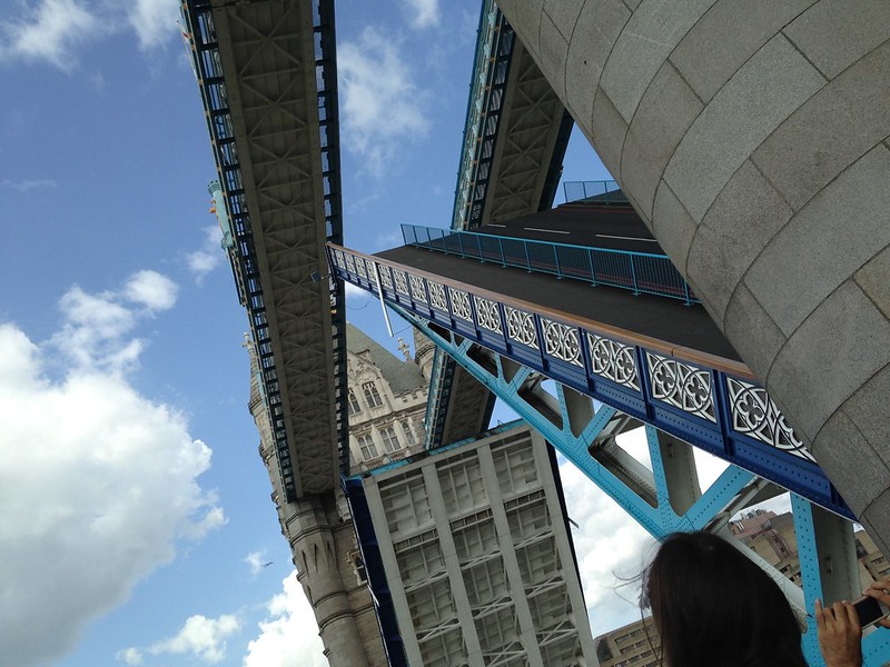 Tower Bridge's drawbridge segments hoisted up