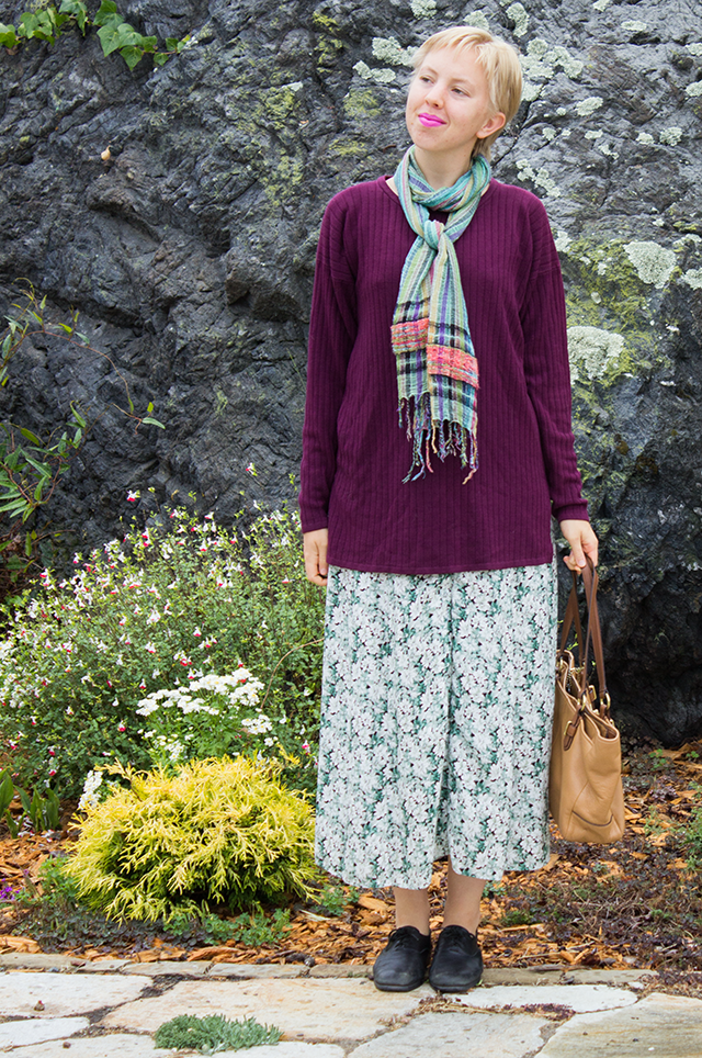 green woven scarf, long plum purple sweater, floral green dress