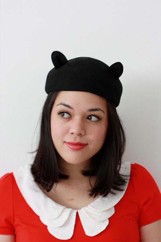 Modcloth 'Looking to Tomorrow' Red Peter Pan Collar Retro Vintage-Style Dress Outfit with Cat-Ear Beret Hat