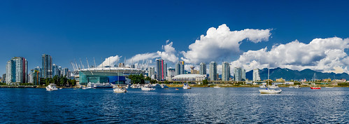 panorama sailboat downtown pano bluesky falsecreek highrises bcplace harbourcentre downtownvancouver northshoremountains downtownview fluffyclouds martinsmith rogersarena nikon18200mmvrii nikond7000 ©martinsmith