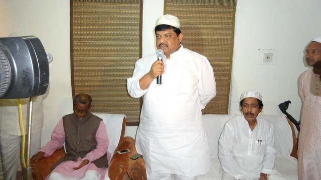 Assam Forest Minister Rockybul Hussain speaking at the Iftar Congregation organised by Assam Pradesh Congress Committee in Guwahati. Seated behind him are Dr Bhumidhar Barman, former Chief Minister of Assam and Dr Abu Saleh Najmuddin,...