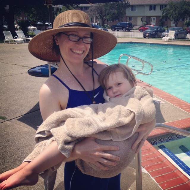Post-swim. M had SO much fun! (Even though she looks grumpy in this photo)
