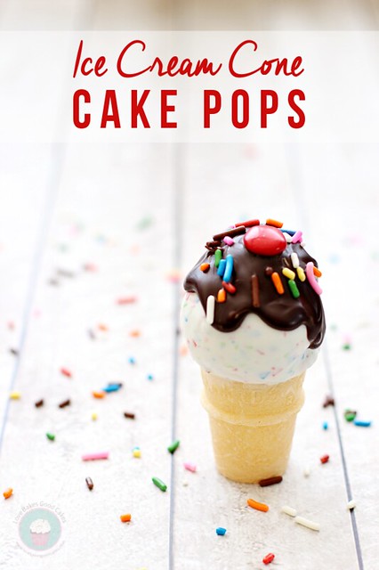 Ice Cream Cone Cake Pops with chocolate syrup and rainbow sprinkles.