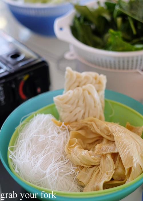 Vermicelli noodles, udon noodles and bean curd sheets for steamboat hotpot