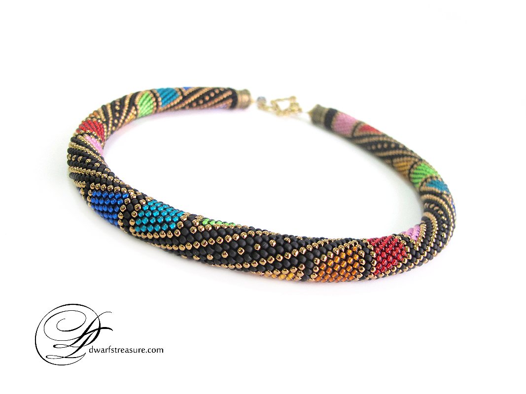 Fancy multicolored beaded crochet rope necklace