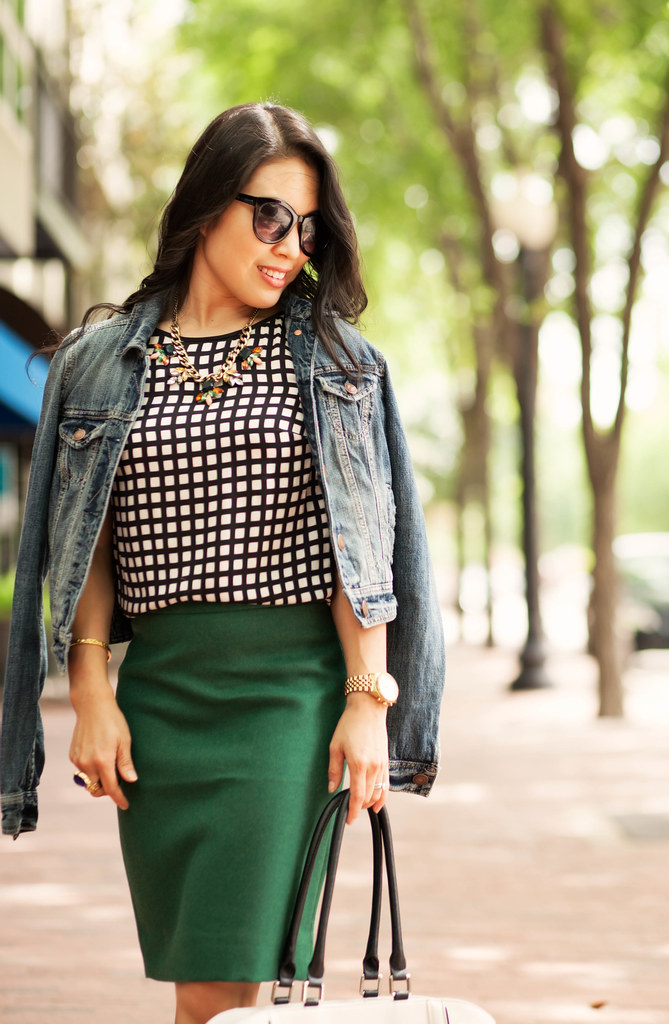 cute & little blog | petite fashion | windowpane silk shirt, green pencil skirt, denim jacket, navy pumps, statement necklace