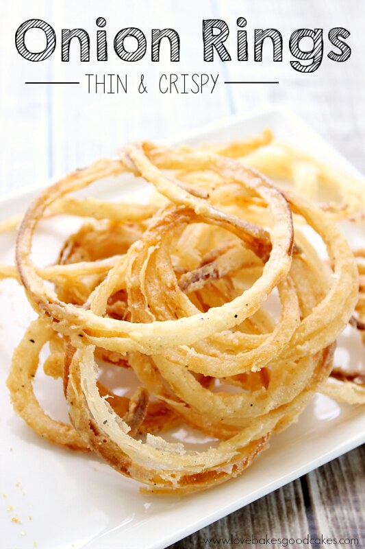 These Thin and Crispy Onion Rings are perfect for burgers, as a side dish or eat them for a snack! You might want to double the recipe though - they're addicting! You have to wonder how something so simple can be so good?! #onionrings #sidedish #snacks