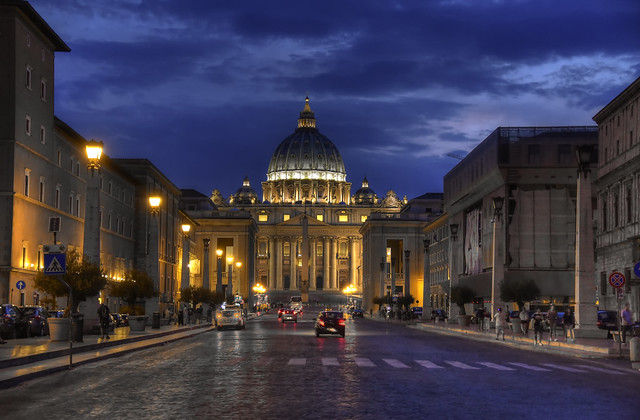 St. Peter's Basilica at night, Rome, Italy. View from Via della Conciliazione