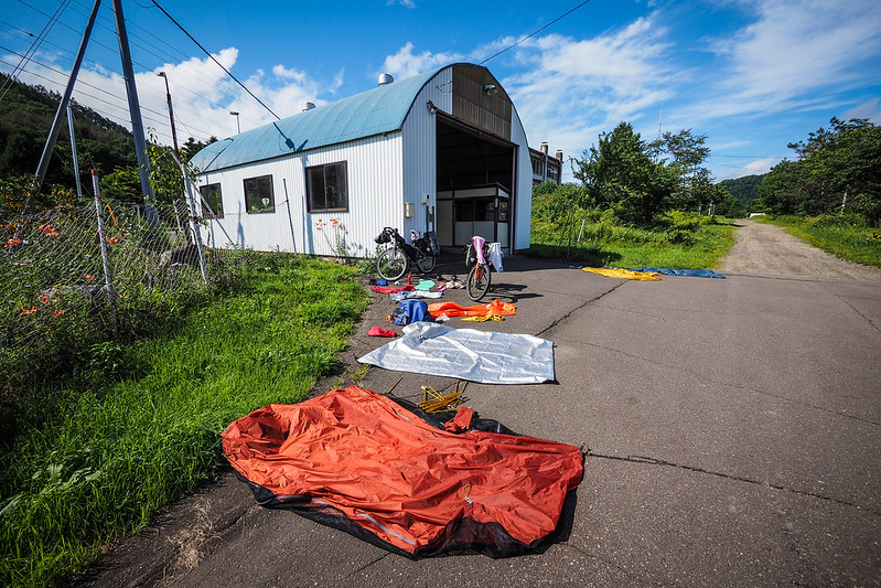 Drying wet tent and gear near Sensho Pass, Hokkaido, Japan