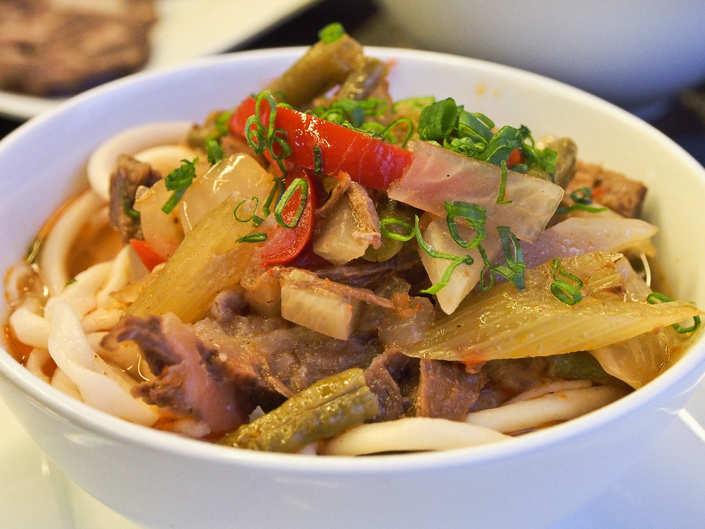 Kazakh Cusine -  Lagman (half-portion). Hand-stretched noodles with mixture of meat and vegetables. Sour and appetising, the half-portion is filling.