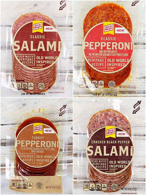 Oscar Meyer packages of salami, pepperoni, turkey pepperoni, and cracked black pepper salami.
