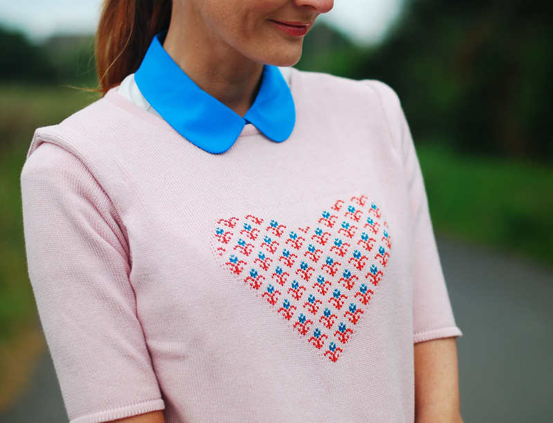 Pink heart sweater with blue Peter Pan collar
