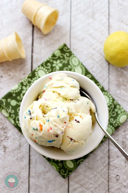 Lemon Funfetti Ice Cream in a bowl with a spoon.