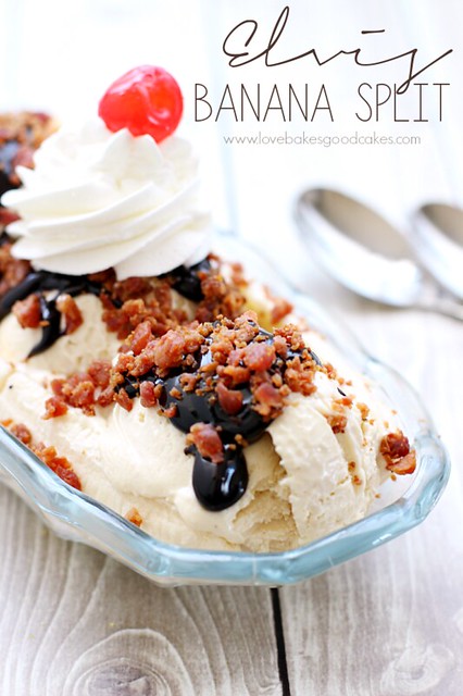 Elvis Banana Split with Homemade Peanut Butter Ice Cream in a dish with a spoon.