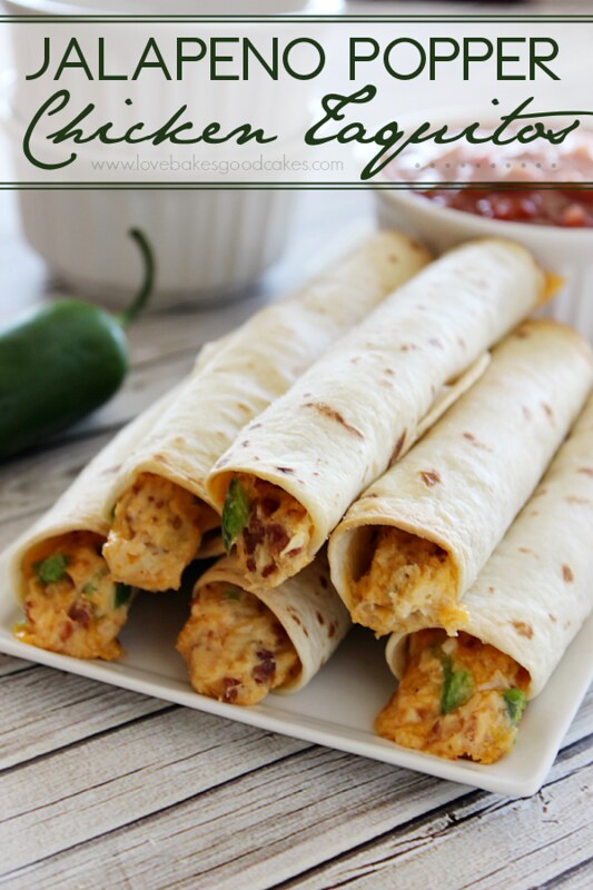 Jalapeno Popper Chicken Taquitos stacked up on a white dish. 