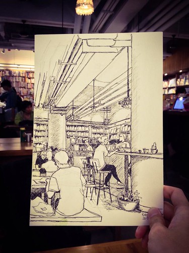 Sketch in a bookshop cafe, Yau Ma Tei, Hong Kong