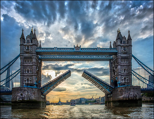bridge england sky london tower water thames clouds river boat