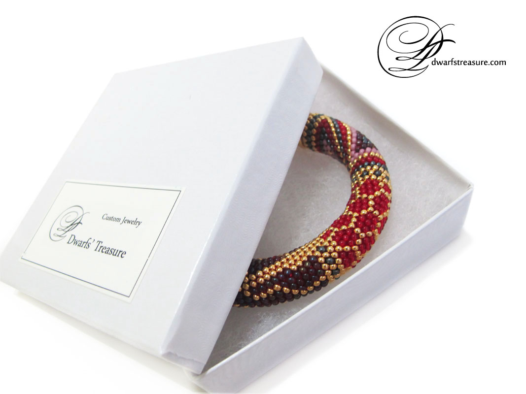 Fancy red & gold custom made beaded crochet bangle in box