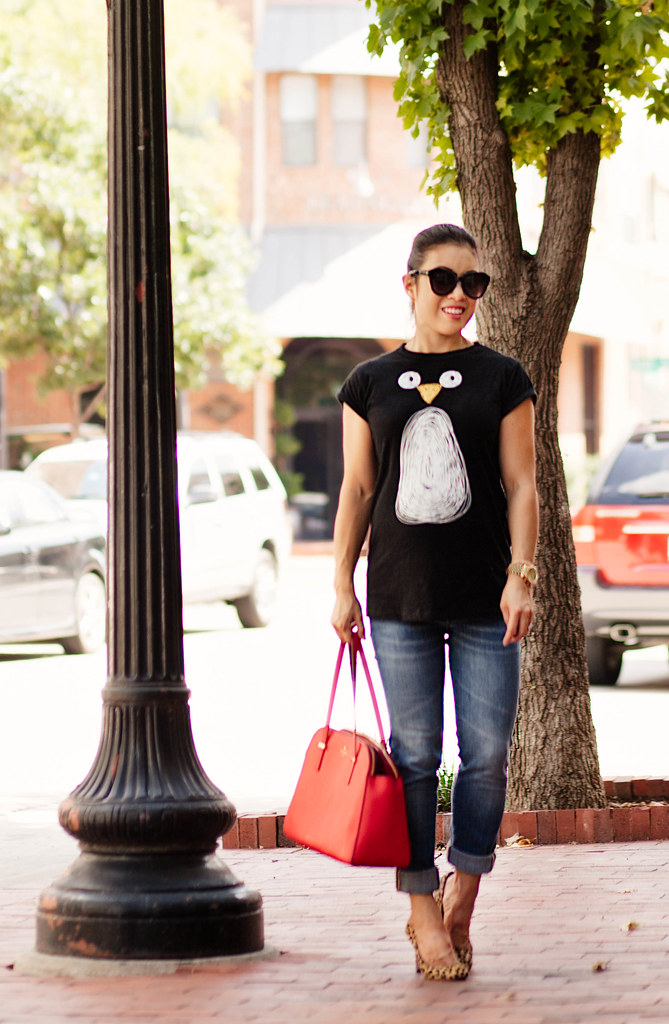 cute & little blog | petite fashion blog | maternity pregnant bump style | penguin graphic tee, rolled jeans, leopard pumps, kate spade red bag | 20 weeks
