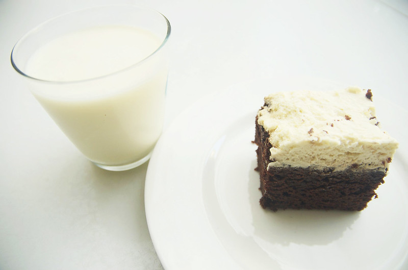 recipe: chocolate mayonnaise cake with whipped cream frosting ( and a glass of grassmilk ) .