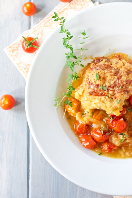 Tomato Cobbler Recipe with Gruyere Thyme Biscuits