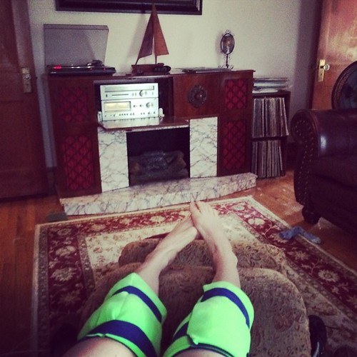 Post ride knee chilling in my boudoir, I mean MAN CAVE.  Wearing out a Neko Case LP.