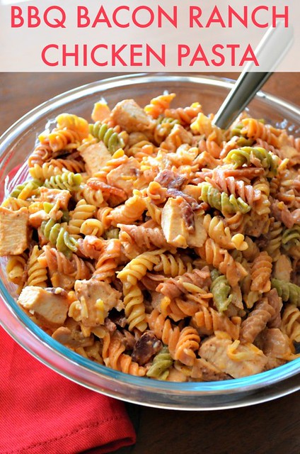BBQ Bacon Ranch Chicken Pasta in bowl with spoon.