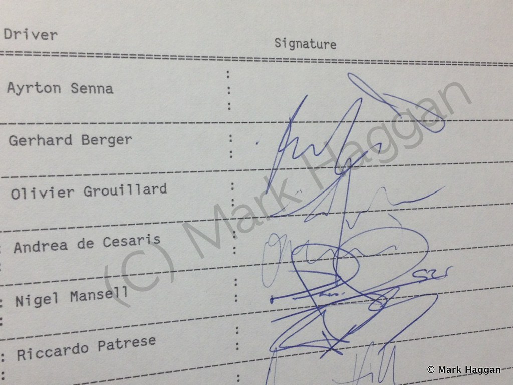 The original sign on sheet for the 1992 British Grand Prix
