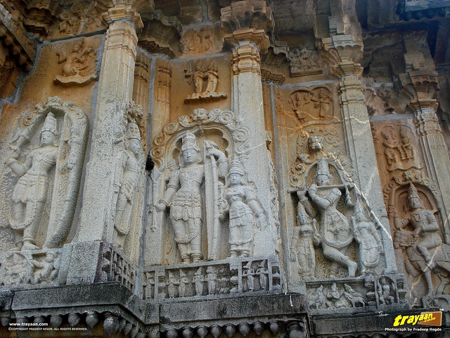 Sculptures of Lord Vishnu's Ten incarnations (Dashavatara), on the Western curved wall (rear side) of Vidyashankara Temple, in Sringeri, Chikkamagalur district, Karnataka, India