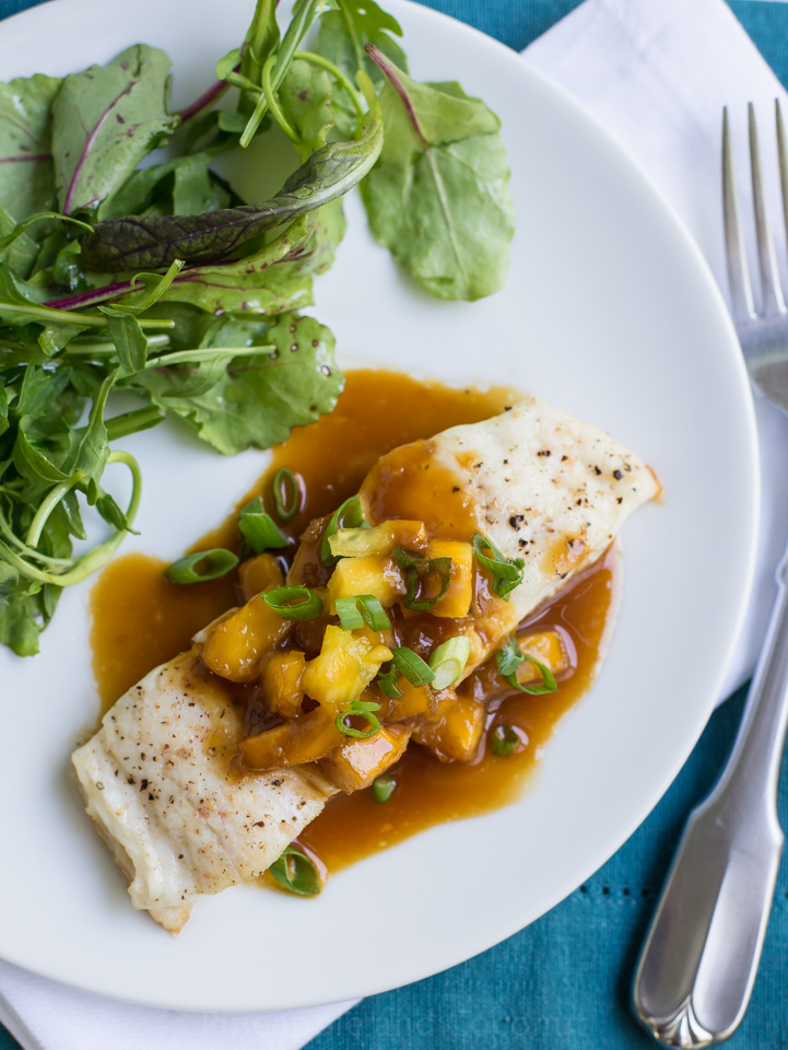 Halibut with Pineapple Soy Ginger Sauce www.PineappleandCoconut.com #ColorfulStainless #LeCreuset