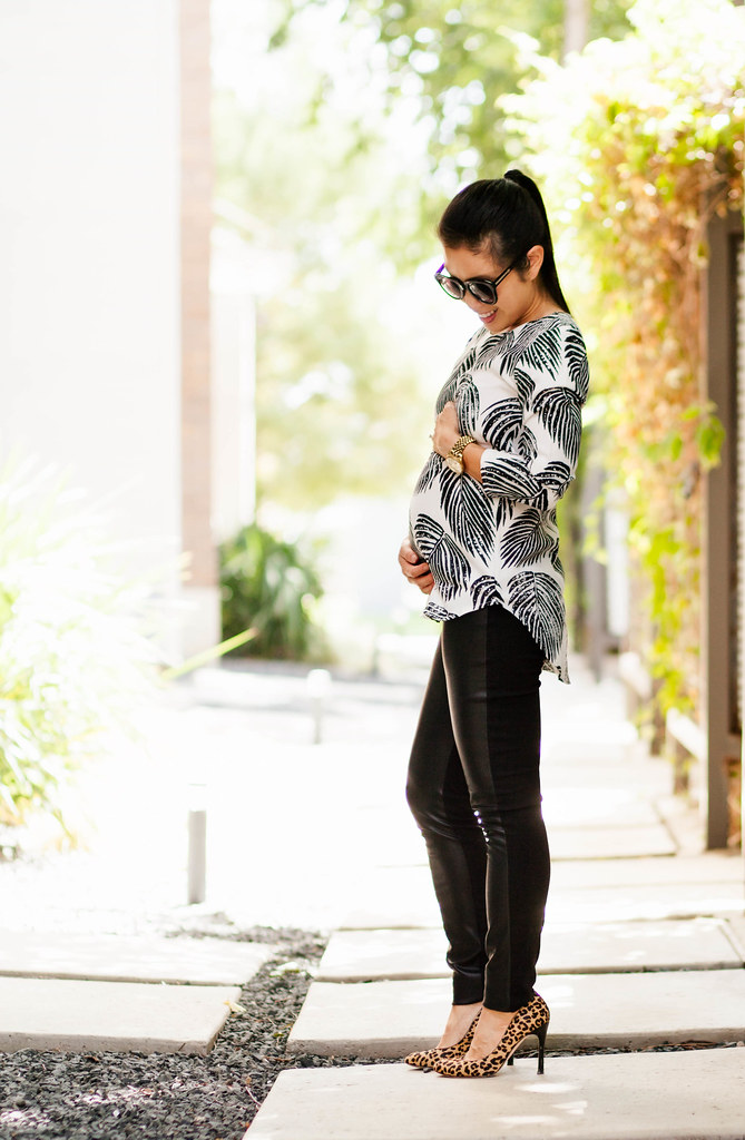 cute & little blog | maternity bump pregnancy style | petite fashion blog | black white leaves blouse, leather ponte pants, leopard pumps | 19 weeks