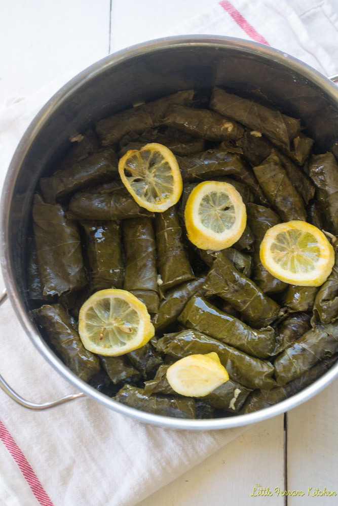 Vegetarian stuffed grape leaves filled with basmati rice, chickpeas, tomato and fresh aromatic herbs.