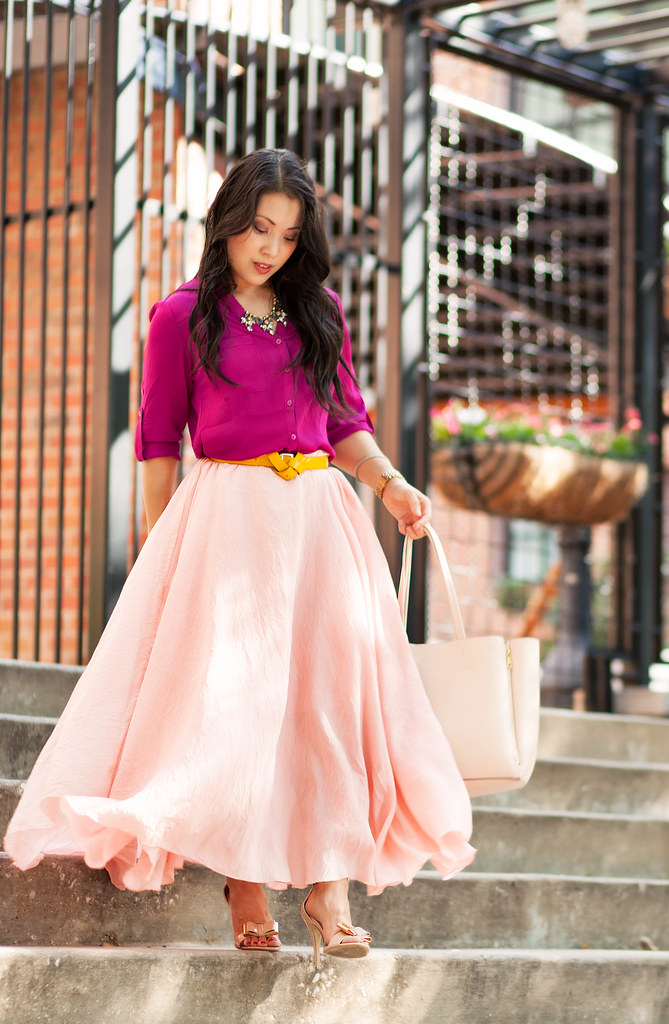 cute & little blog | petite fashion | radiant orchid shirt, pink ruffle maxi skirt, yellow double knot belt, bow sandal heels | spring outfit