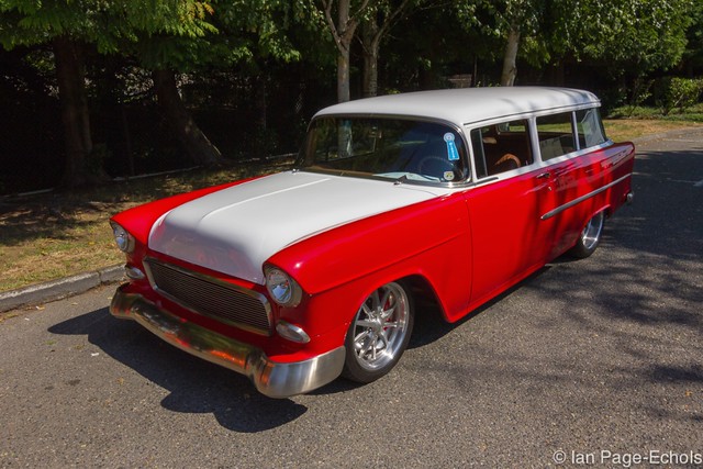 Red and White '55 Chevy Wagon (front angle)