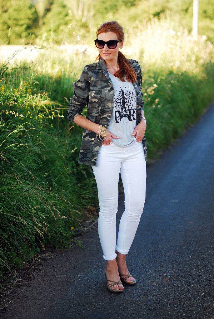 Camo jacket and white skinnies