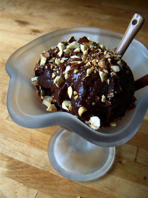 Chocolate and raspberry sorbet with chopped almonds