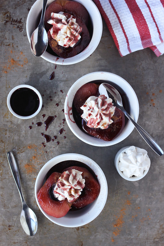 Red Wine Poached Apples and Pears with Cinnamon Whipped Coconut Cream