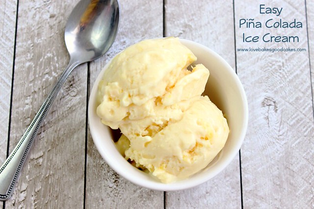 Easy Piña Colada Ice Cream in a bowl with a spoon.