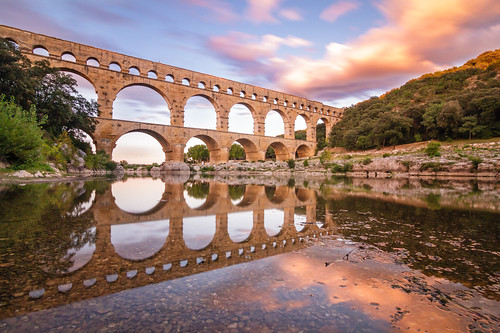 pontdugard france provence bridge reflection river sunset