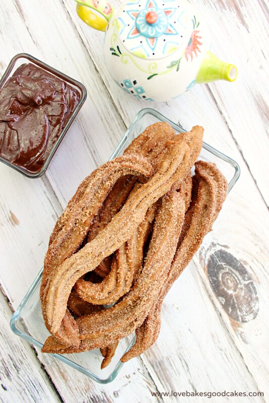 Mexican Chocolate Churros with Dipping Sauce looking from the top down.